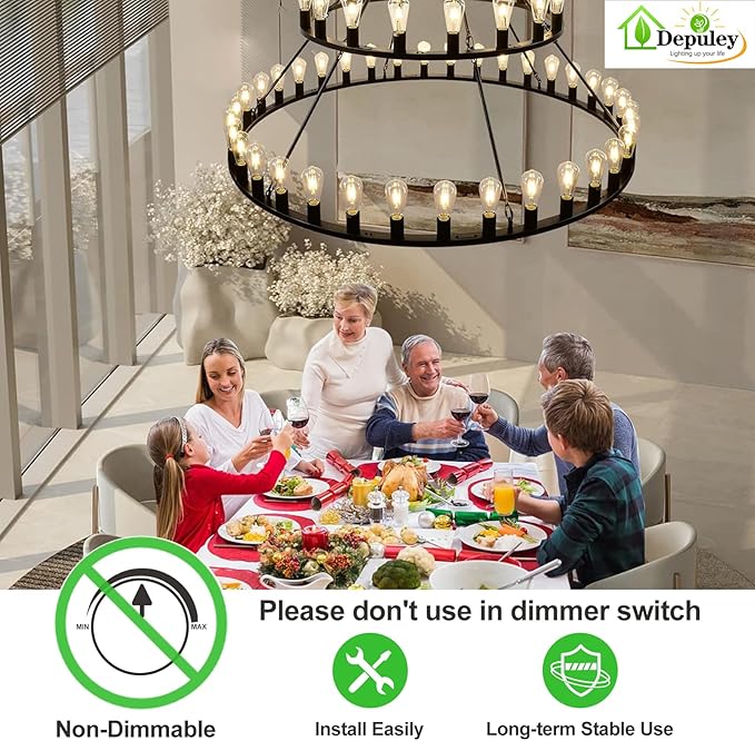 Depuley LED Light Bulbs E26: Chandelier Lights Bulb 6W Equivalent 60W - Edison Vintage Bulbs Warmlight 2700K ST58 Clear Glass Bulb 800 LM 80+CRI Non-Dimmable 24-Pack