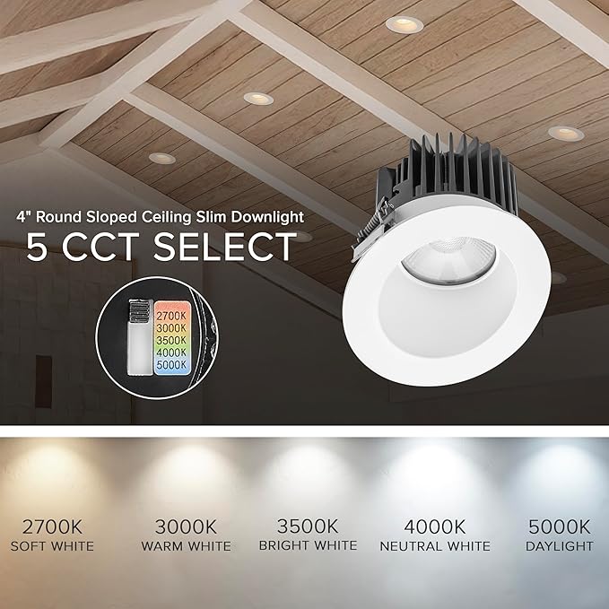 Maxxima 4" Canless Sloped Recessed Anti-Glare LED Downlight, For Sloped Ceilings, 1000 Lumens, IC Rated, 5 Color Temperature Selectable 2700K/3000K/3500K/4000K/5000K, Dimmable, Round White Trim 90 CRI