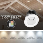Maxxima 4" Canless Sloped Recessed Anti-Glare LED Downlight, For Sloped Ceilings, 1000 Lumens, IC Rated, 5 Color Temperature Selectable 2700K/3000K/3500K/4000K/5000K, Dimmable, Round White Trim 90 CRI