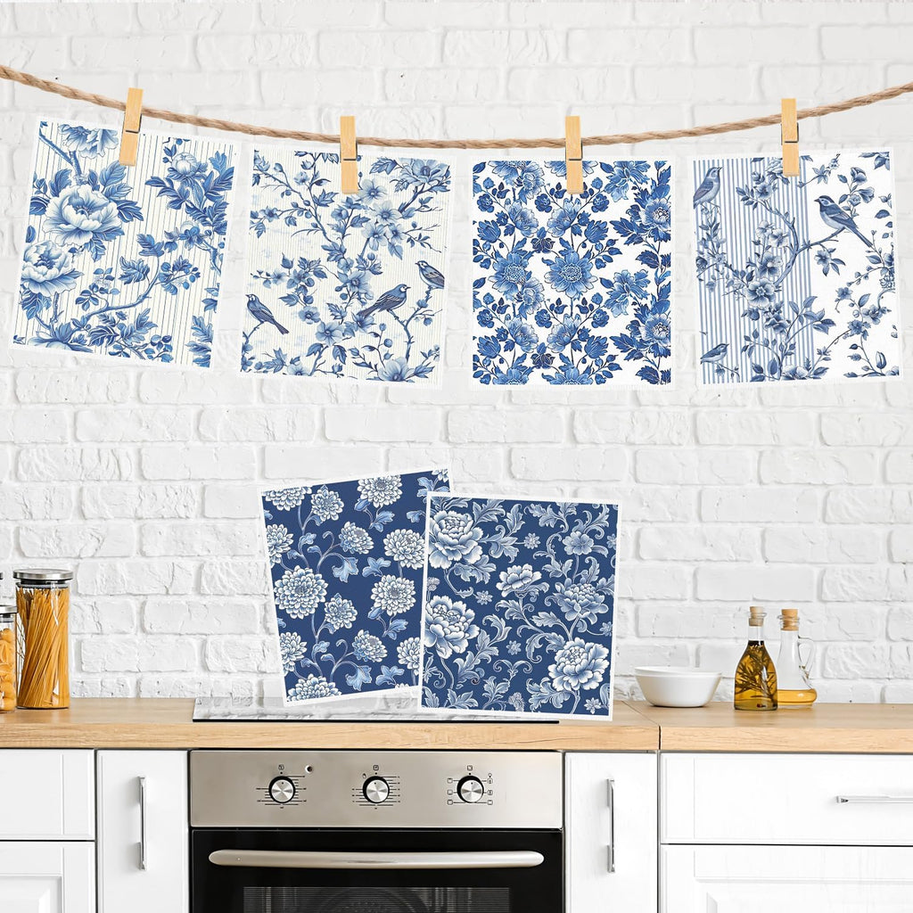 Blue Floral Swedish Dishcloths for Kitchen, 6 Pack Reusable Dish Paper Hand Towels Housewarming Gifts, Absorbent Dish Rags for Home Cooking Cleaning
