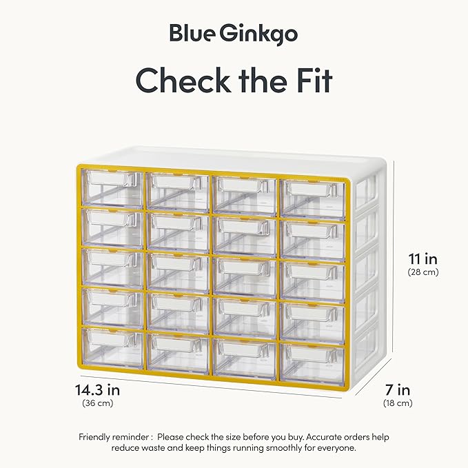 Blue Ginkgo Small 20-Drawer Cabinet – Stackable Clear Organizer for Hardware, Beads, Plastic Bricks, Office, and Craft Storage (Made in Korea, Yellow)