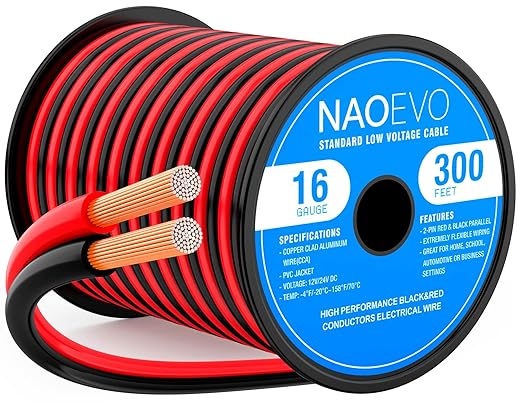 NAOEVO 16 Gauge Wire 300FT, 2 Conductors Electrical Wire Red Black Cable, Flexible/Low Voltage/PVC 16 AWG Copper Clad Aluminum Extension Cord for Speaker, LED Strips, Automotive 12V/24V DC