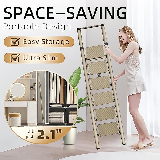GameGem Step Ladder 6 Step Folding, Aluminum Ladders for High Ceilings, Tall Closet, Cabinet, 6 ft Lightweight Step Ladder with Anti-Slip Foot for Home Use, 330Lbs Load, Champange Gold