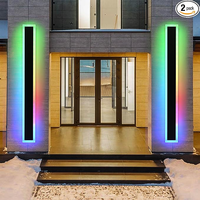 MELUCEE 2pcs 60in Long RGB Outdoor Wall Light Fixture, 5.1in Wide Dimmable Exterior Wall Lights IP65 Waterproof for Garage and Front Door, Long Outdoor Wall Sconce Black LED Outdoor Entrance Lighting