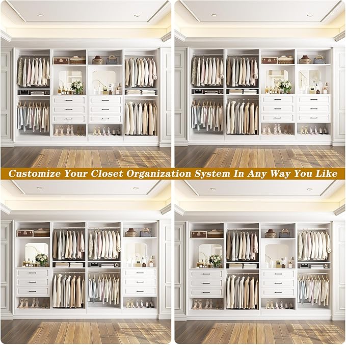 Unikito Closet System with Drawers, 100” Wood Closet Organizer with Hanging Rods and Mirror, Large Walk in Wardrobe Garment Rack with Adjustable Shelves, Sturdy Freestanding Closet Tower, White