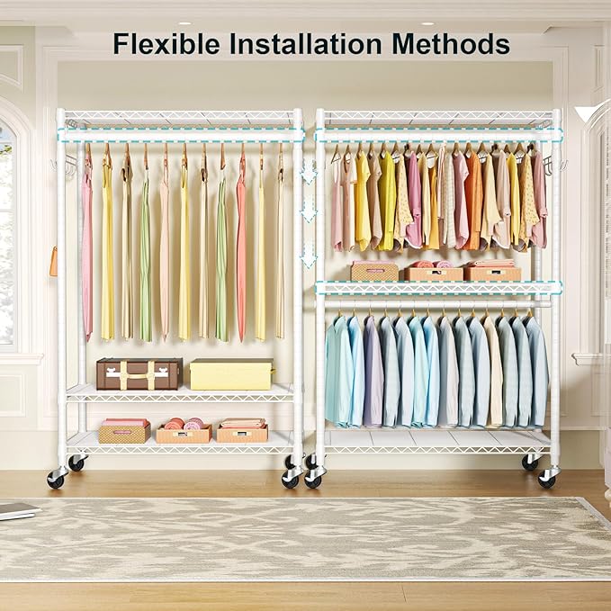 FUTASSI P1 Plus Rolling Clothes Rack, 22mm Diameter Heavy Duty Garment Rack with Wheels, Portable Closet Wardrobe with Double Rods, 45" W x 17.7" D x 80.5" H, Max Load 524 LBS, White