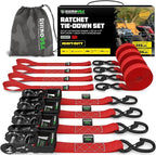 Rhino USA Ratchet Straps Heavy Duty Kit (4-Pack) - 1.6 Inch x 8 Feet (5,208lb Break Strength) - Ultimate Tie Down Straps with Safety S Hooks for Trucks, ATV, UTV, Motorcycle, Cargo & More - Red