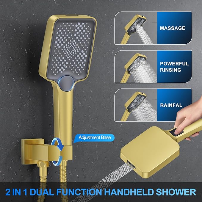 Shower Faucet Set, 10" Ceiling Mount Rainfall Shower System with 2 Rain Shower Head and Multi-function Handheld Head Push Button Diverter Shower Faucet Trim Kit Brushed Gold