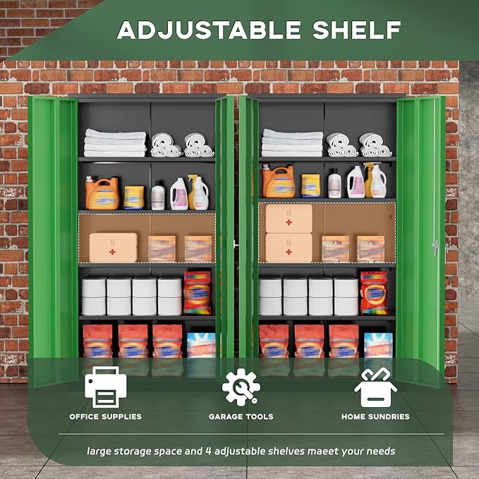 Greenvelly Metal Garage Storage Cabinet, 72" Black Green Tool Steel Locking Cabinet with Doors and 4 Shelves, Tall Cabinets for Garage Storage Systems Lockable File Cabinet for Home Office,Garage