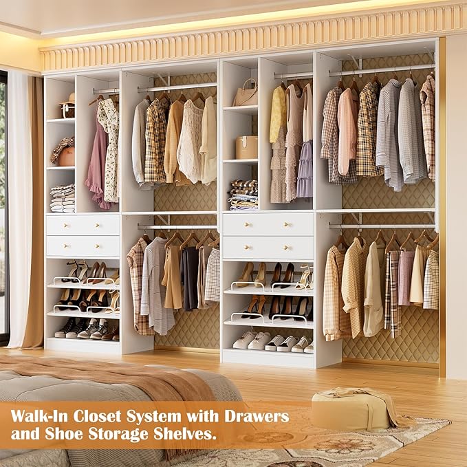 5FT Closet System with Drawers, 96 Inches Walk In Closet Organizer System with Shoe Rack, 3 Hanging Rods, Wall Mount Bedroom Wardrobe Clothes Garment Rack