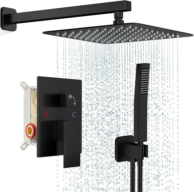 Black Shower Faucet Set, Rainfall Shower System with Square Shower Head and Handle Set, Wall Mounted Shower Fixtures, Full Metal Trim Repair Kit 10 inch Matte Black (With Shower Valve)
