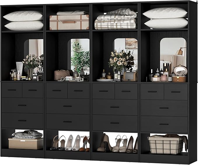 Unikito 100 Inch Closet System with Drawers, 8FT Sturdy Closets Organizer with Storage Shelves and Mirror Design, Freestanding Wood Walk in Closet Towers, Easy Assembly, Max Load 2000 LBS, Black