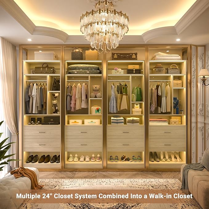 4FT Closet System with 4 Wood Drawers, 48" Closet Organizer System with 10+ Small Shelves & 2 Hanging Rods, Walk-in/Nursery Closet Systems, Set of 2, White Oak (48" L x 15" W x 80" H)