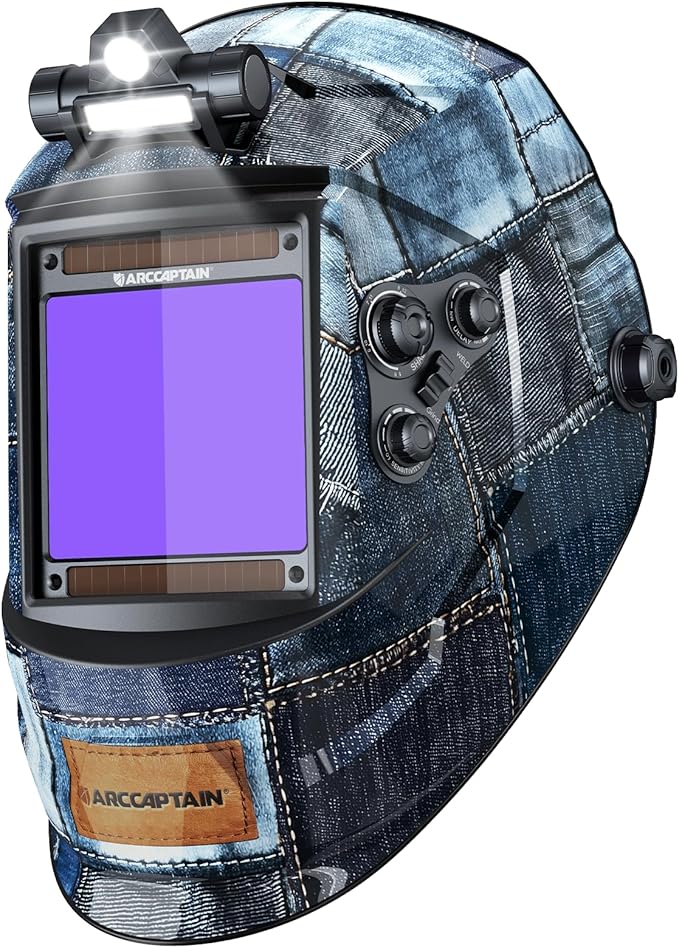 ARCCAPTAIN Large View 3.94" x 3.66" True Color Auto Darkening Welding Helmet with Light, Solar Powered Welding Hood, 4 Arc Sensor Wide Shade 4/5-9/9-13 for Stick MIG TIG Cut,Denim