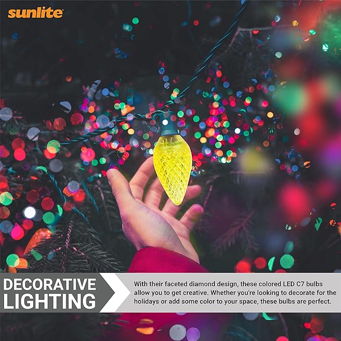 Sunlite 40462 LED C7 Holiday Decorative Light Bulb, 0.4 Watts, E12 Candelabra Base, Faceted Christmas-Lights; Nightlight, Yellow