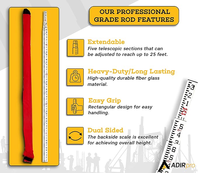 AdirPro 25-Foot Fiberglass Grade Rod – 8ths, 6-Section Telescoping Rectangular Leveling Rod – Non Glare and Corrosion Resistant – Heavy Duty Carrying Case Included
