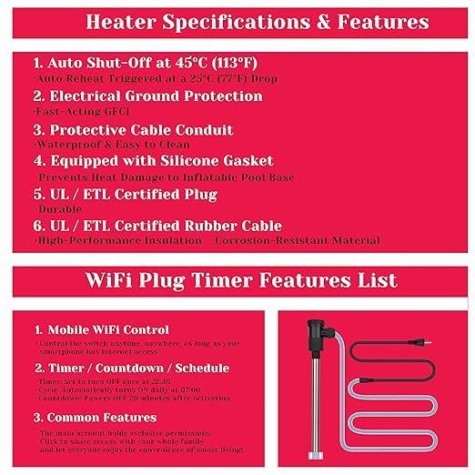 2000W Immersion Water Heater for Hot Tub & Pool – Portable Electric Submersible Heater with Temp Control, Auto Shut-Off, and WiFi Timer for Above Ground Pool, Swimming pool, Bathtub, and Spa