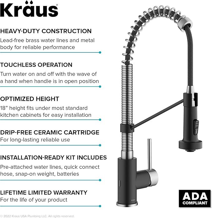 KRAUS Bolden Touchless Sensor Commercial Style 2-Function Single Handle Pull Down Kitchen Faucet in Spot-Free Stainless Steel/Matte Black, KSF-1610SFSMB