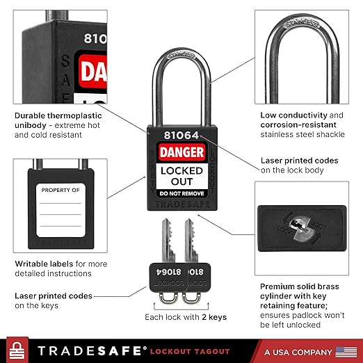 TRADESAFE Lockout Tagout Locks Set - 10 Black Lockout Locks Keyed Different, 2 Keys Per Loto Lock, OSHA Compliant Lock Out Tag Out Padlocks, Safety Padlocks for Electrical Lockout Tag Out Kits
