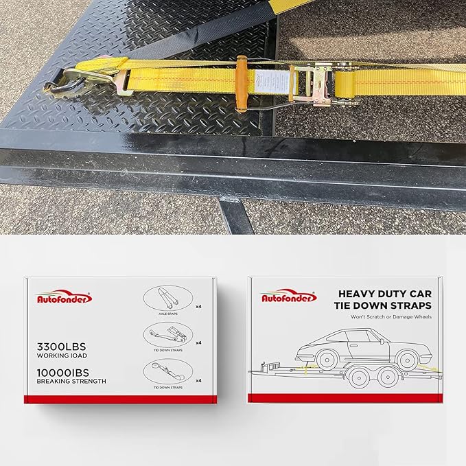 Heavy Duty Adjustable Car Tie Down Kit with Snap Hooks -Break Strength 10,000 lbs-Working Load 3333 lbs-Bonus Includes 4 Pack 36" Axle Straps with D-Ring(Yellow)