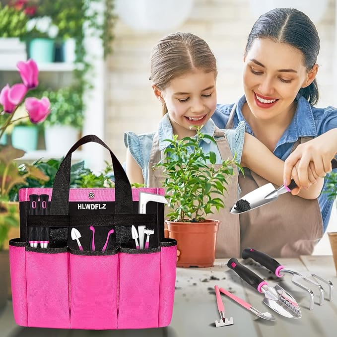 Pink Garden Tool Set Gardening Items for Women - 24PCS Heavy Duty Garden Tools with Detachable Storage Bag, Succulent Tool Set, Weeder