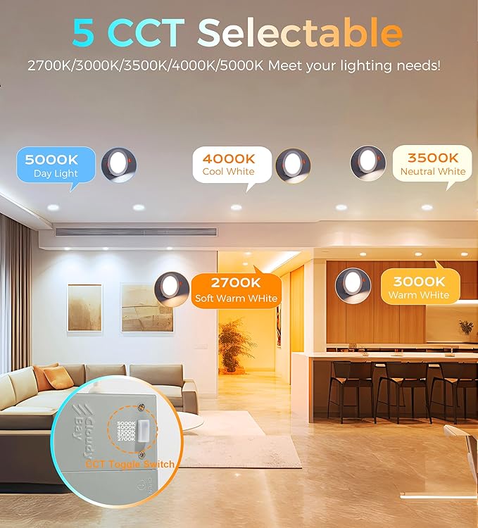 CLOUDY BAY 20W 8 inch LED Recessed Lights,5Color 2700K/3000K/3500K/4000K/5000K Selectable,Dimmable CRI 90+,IC Rated,ETL Listed,Ultra Thin Recessed Downlight with Junction Box,White,6 Pack