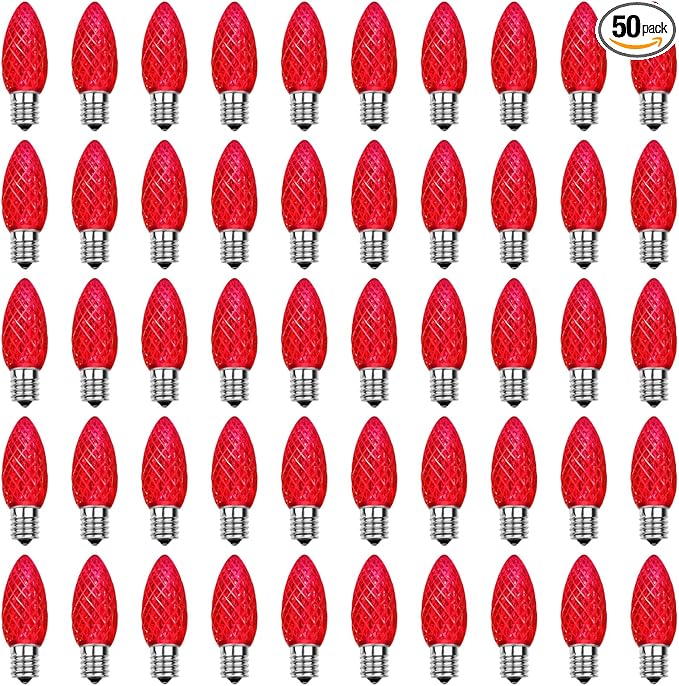 Meconard C9 Led Replacement Christmas Light Bulbs, C9 Shatterproof Led Bulbs for Christmas Indoor Outdoor String Lights, E17 Intermediate Base, Commercial Grade Holiday Bulbs, Red, 50 Pack