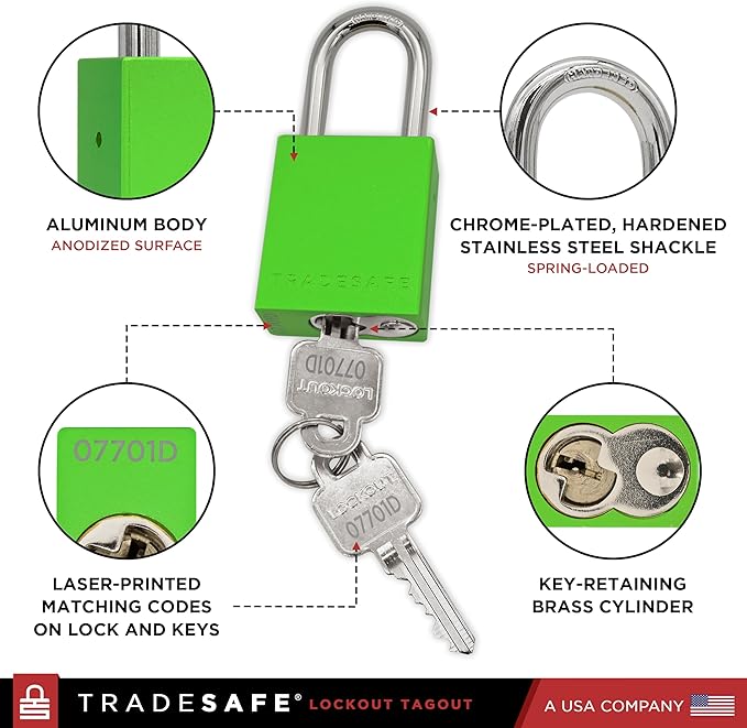 TRADESAFE Lockout Tagout Locks Set - 10 Green Aluminum Loto Locks, Keyed Different Lock Out Tag Out Padlocks, 2 Keys Per Lockout Padlock, OSHA Compliant
