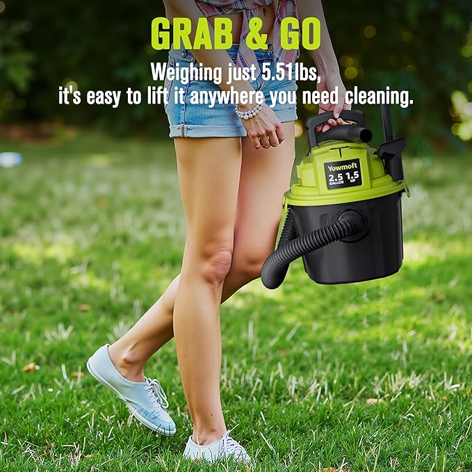 2.5 Gallon Small Shop Vac, 1.5 Peak HP Mini Shop Vac with Blowing Function, 15Ft of Cleaning Reach, 3 in 1 Shop Vacuum Wet and Dry for Floor/Car/Garage