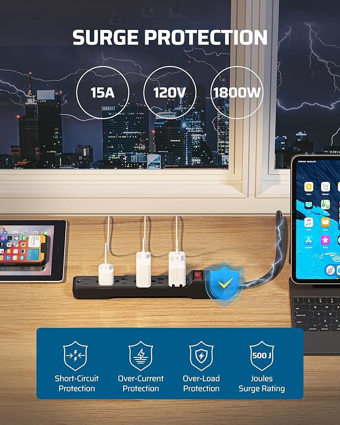 DEWENWILS 2-Pack 6-Outlet Power Strip Surge Protector, 6Ft Long Extension Cord, UL Listed, Low Profile Flat Plug, 15 Amp Circuit Breaker, 500 Joules, Wall Mount, Black