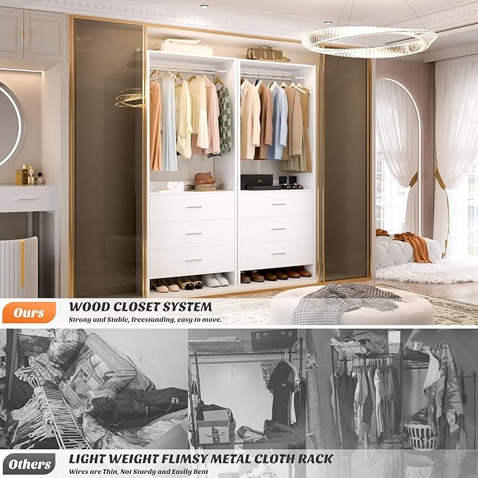 Aheaplus Closet System Closet Organizer, Wood Closet Organizer System, Walk-in Closet or Small Closets Wardrobe, Clothes Rack with Hanging Rods, 4FT Closets, Set of 2, White