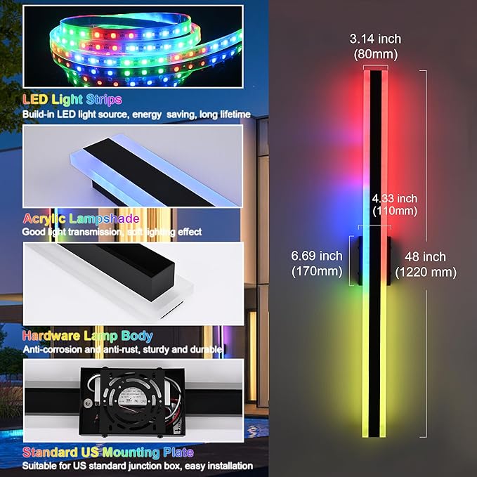 TODOLUZ 2-Pack 48-Inch Outdoor Long Linear RGB Wall Light Fixture, IP65 Waterproof 30W LED Wall Mounted Lamp with Remote Control for Outdoor/Indoor Party Gathering