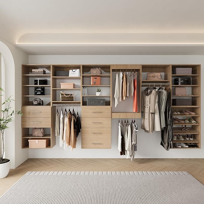 Modular Closet Organizer - 43" Wide Tower System with Hanging, Wood Storage Kit for Walk In and Bedroom Wardrobes