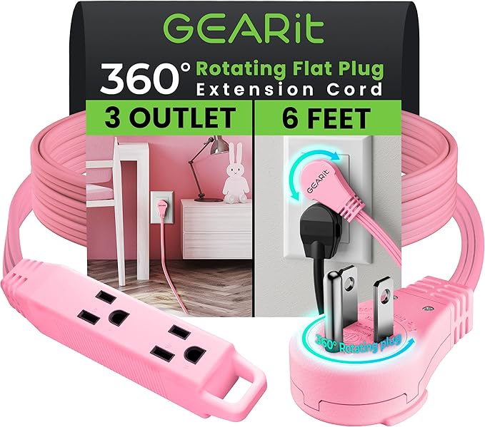 GEARit 360 Rotating Flat Plug Short Extension Cord with 3 Outlets (6ft, Pink) 16AWG/13A 3 Prong Wire, Outlet Saver for Home Office Dorm Room Essentials, ETL Certified
