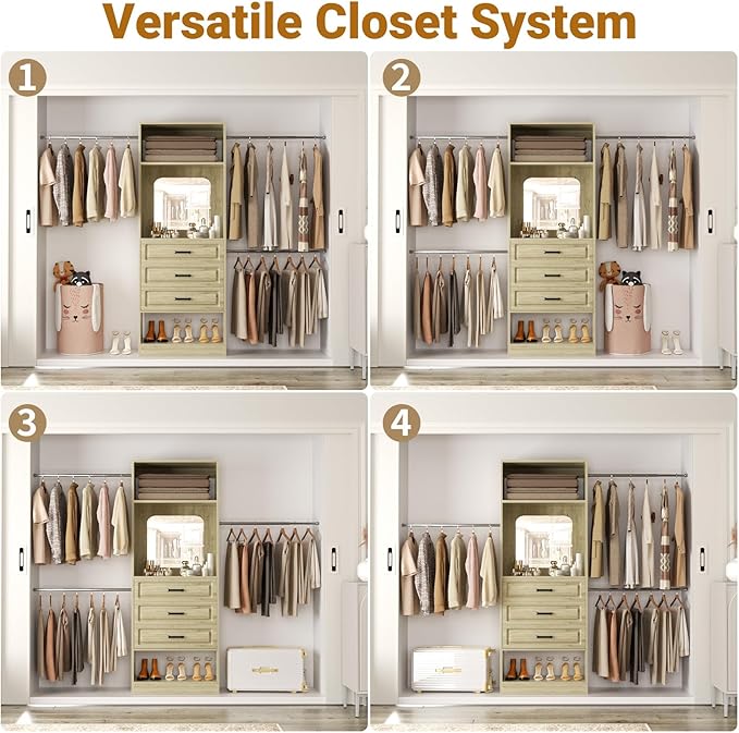 Unikito 48" W - 96” W Closet System with Mirror, 8FT Walk in Closet Organizer Kits with Drawers and 3 Extendable Hanging Rod, Sturdy Wood Garment Rack with 25” Tower, Max Load 1000 LBS, White Oak