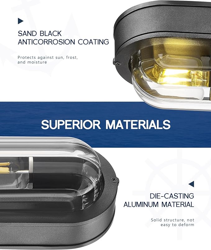 FEMILA 8.5" Oval Bulkhead Light, Modern Exterior Wall Sconce, 2 Pack Outdoor Wall Light & Ceiling Flush Mount, Ripple Glass, IP44 Waterproof, Front Porch Light for Patio/Garage/Entry, 4FYX104F-2 BK SW