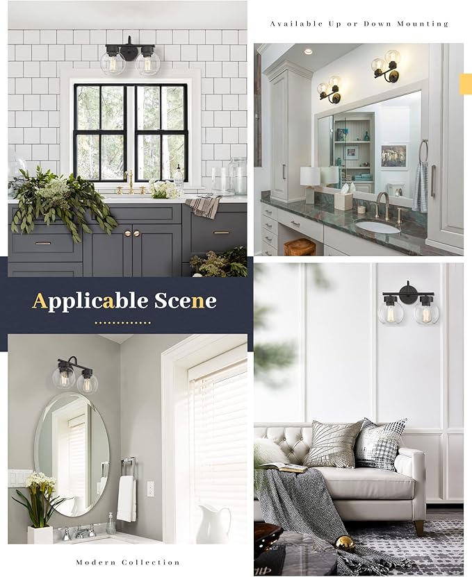 EAPUDUN 2-Light Matte Black Bathroom Light Fixtures Over Mirror, Vanity Lights for Bathroom with Clear Glass Shades, Industrial Wall sconces, WLA1434-BK