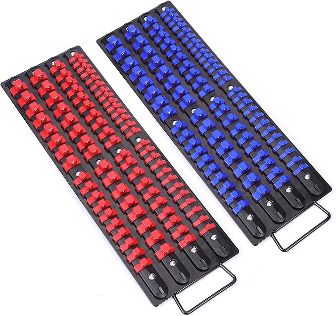 CASOMAN 80-Piece Portable Socket Organizer Tray, 2 Pcs Set, Blue & Red, 1/4-Inch, 3/8-Inch, 1/2-Inch,Heavy Duty Socket Organizer, Black Rails, Blue & Red Clips