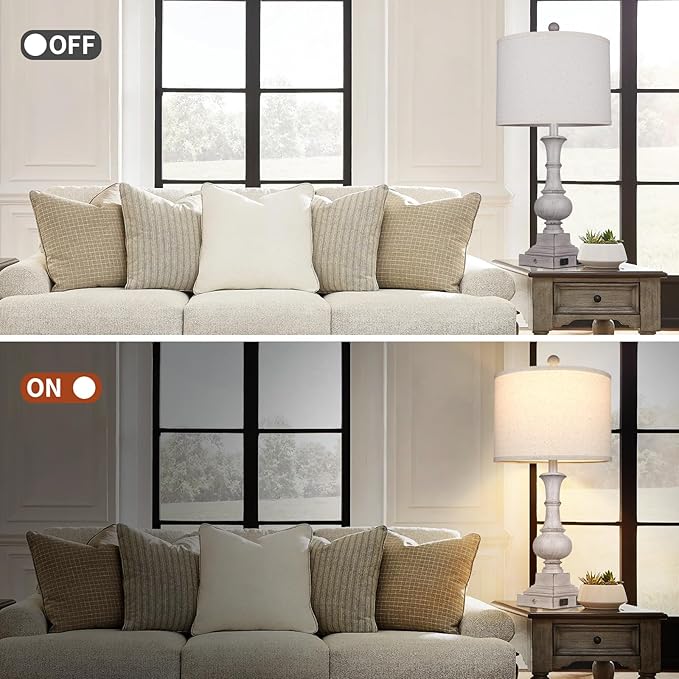 26" Farmhouse Table Lamps Set of 2, Rustic Touch Control Bedside Lamps with 2 USB Ports & AC Outlet, Vintage Resin 3-Way Dimmable Nightstand Lamp Linen Fabric Shade for Living Room Bedroom Decor Gray