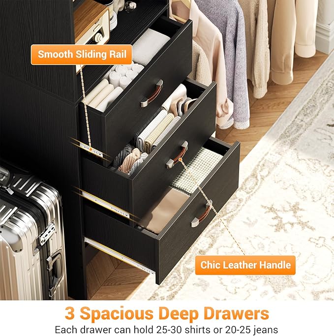 Homieasy 96 Inches Closet Organizer System, 8FT Customizable Walk In Closet Organizer with Hanging Rods, 3 Drawers Garment Rack with Leather Handle , 96" L x 16" W x 75" H, Max Load 1000 LBS, Black