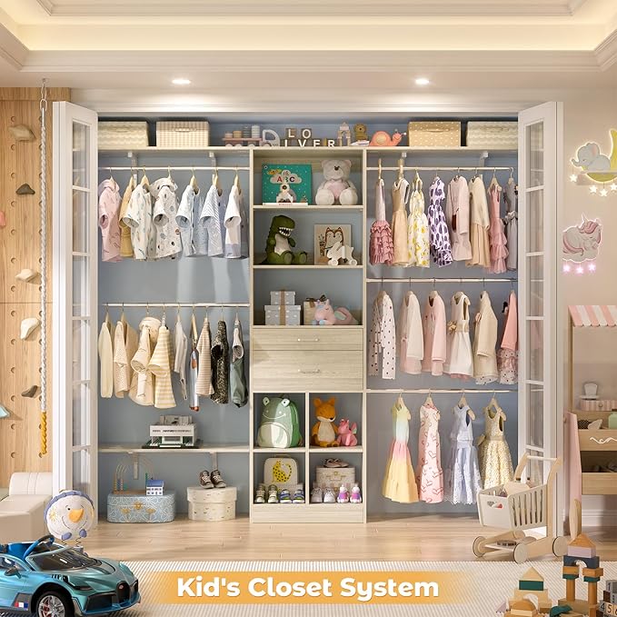 Closet System - 4.75-8FT Closet Organizer System with Wooden Drawers & Cube Storage Organizer, Up To 96" Closet Systems for Nursery & Walk-In Closets with Cuttable Hanging Shelving, Greige Oak