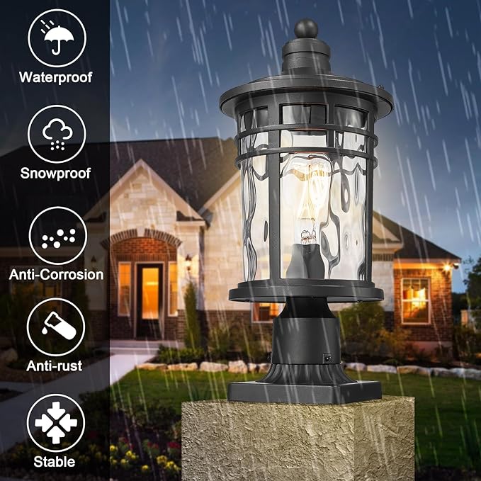 Darkaway Large Outdoor Post Lights Lamp Posts Outdoor Lighting, 17inch Aluminum Post Lights Outdoor Light Fixtures with Water Ripple Glass, Pole Light for Outside Patio Yard Garden