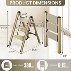 GameGem 3 Step Ladder, Aluminum Folding Step Stool with Anti-Slip Sturdy and Wide Pedal, Lightweight Portable Stepladder for Home and Kitchen Use Space Saving, 330 lbs, Champagne Gold