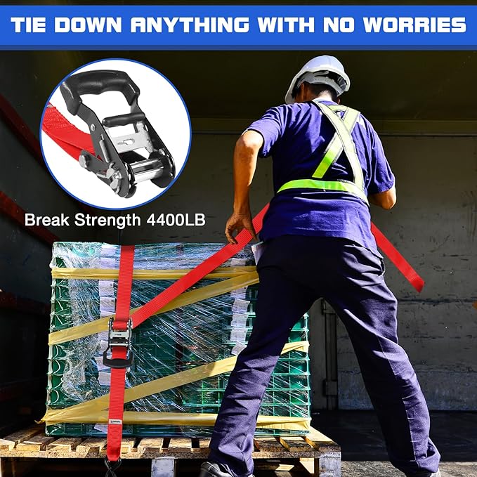 Heavy Duty Ratchet Straps for Trucks 4 PK 4400 LB 1.5" X15'Hold Containers Boat Tie Down Straps for Cargo/Pickup Truck Bed Toolbox Belt Accessories,Moving Furniture,Roof Rack Kayak Load Strap Red