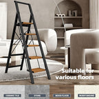 HillhutApex 5 Step Foldable Aluminum Step Ladder with Handgrip, Anti-Slip Pedal, 330 lbs Capacity, Lightweight & Portable for Home, Kitchen, Office, Garage (Black Woodgrain)