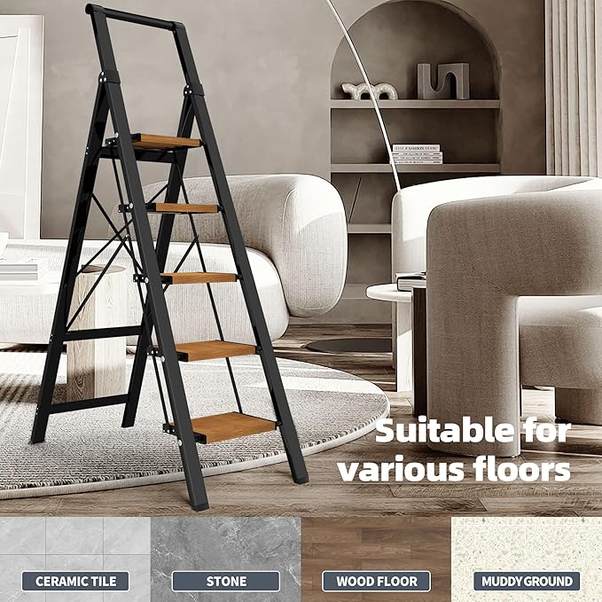 HillhutApex 5 Step Foldable Aluminum Step Ladder with Handgrip, Anti-Slip Pedal, 330 lbs Capacity, Lightweight & Portable for Home, Kitchen, Office, Garage (Black Woodgrain)