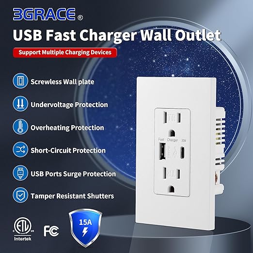 USB Wall Outlet, Charger Outlets Receptacles with 4.2A USB C Ports, 15 Amp Duplex Tamper Resistant Receptacle Plug with USB Electrical Outlet, Wall Plate Included, ETL Listed，White, 20 Pack