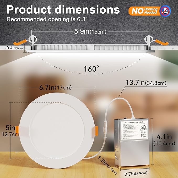 CHARKEE 24 Pack 6 Inch 5CCT Ultra-Thin LED Recessed Ceiling Light with Junction Box, 2700K-5000K, 1050LM High Brightness, Dimmable Canless Wafer Downlight,12W Eqv 110W, ETL & Energy Star & FCC