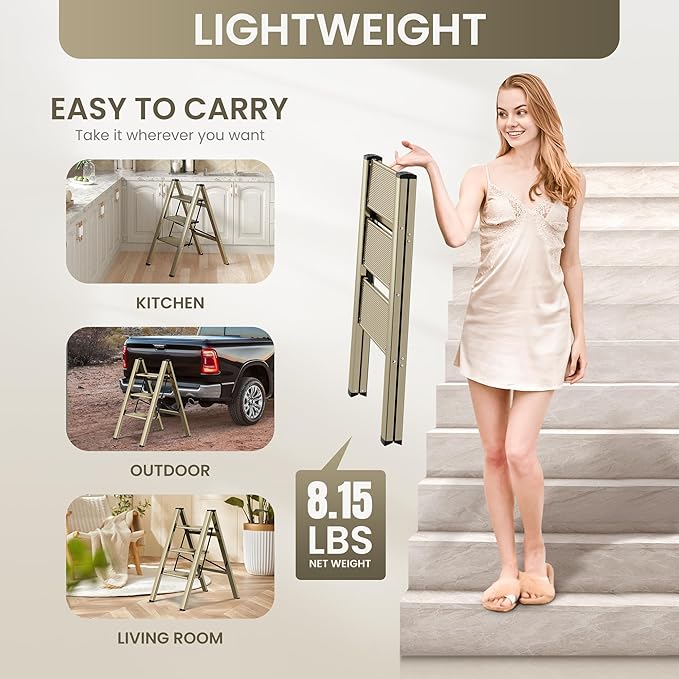 GameGem 3 Step Ladder, Aluminum Folding Step Stool with Anti-Slip Sturdy and Wide Pedal, Lightweight Portable Stepladder for Home and Kitchen Use Space Saving, 330 lbs, Champagne Gold