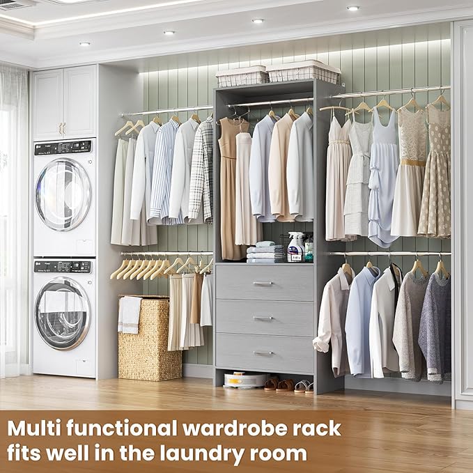 Aheaplus Closet System, Closet Organizer with 3 Wooden Drawers, Closet Organizer System, Walk-in Closet Wardrobe Clothes Rack with 4 Hanging Rods, Garment Rack, -4R, Grey